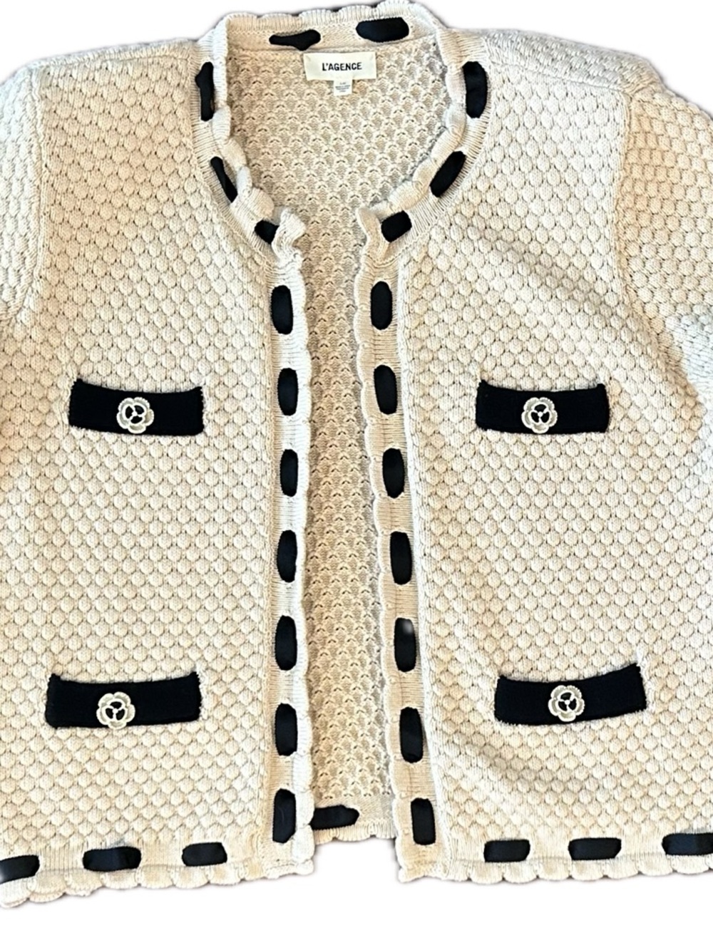 L'AGENCE Astor Contrast Trim Cardigan in Biscuit/Black - Picture 5 of 15